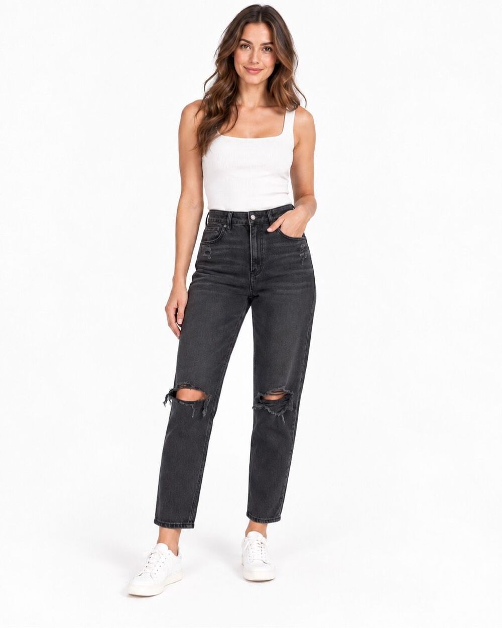 American Eagle AE Ripped Mom Jeans Faded Black High Rise Distressed Size 2